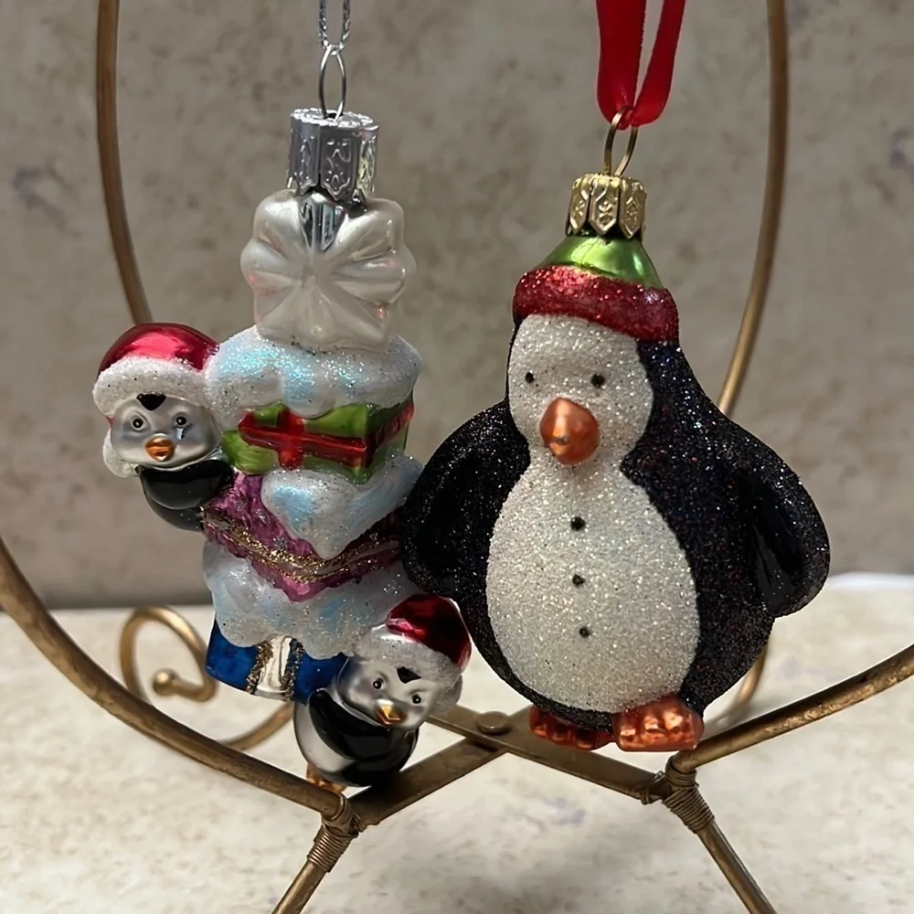 Vintage lot of 2 Penguin Santa Hats Christmas Ornaments